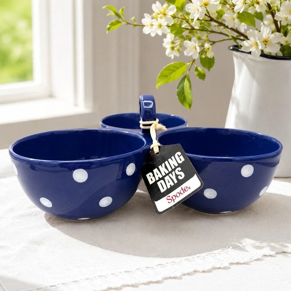 Spode Blue & White Polka Dot Ceramic Snack Bowl Baking Days 3-Part Server